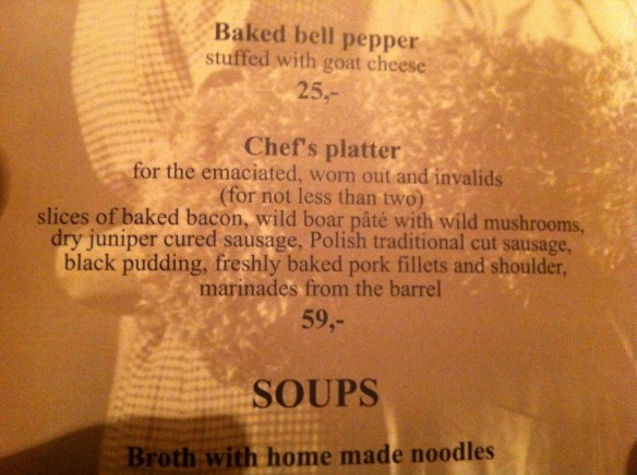 An excerpt from the menu, translated, at Stary Dom